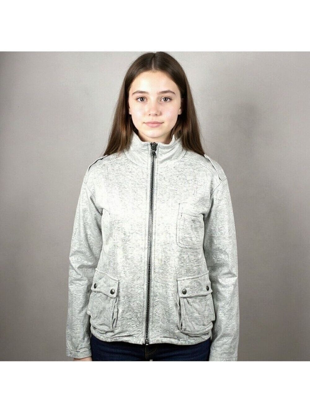 Kensie Girl Grey Utility Jacket Soft Zip-Up Moto Style with Pocket Detail Size L